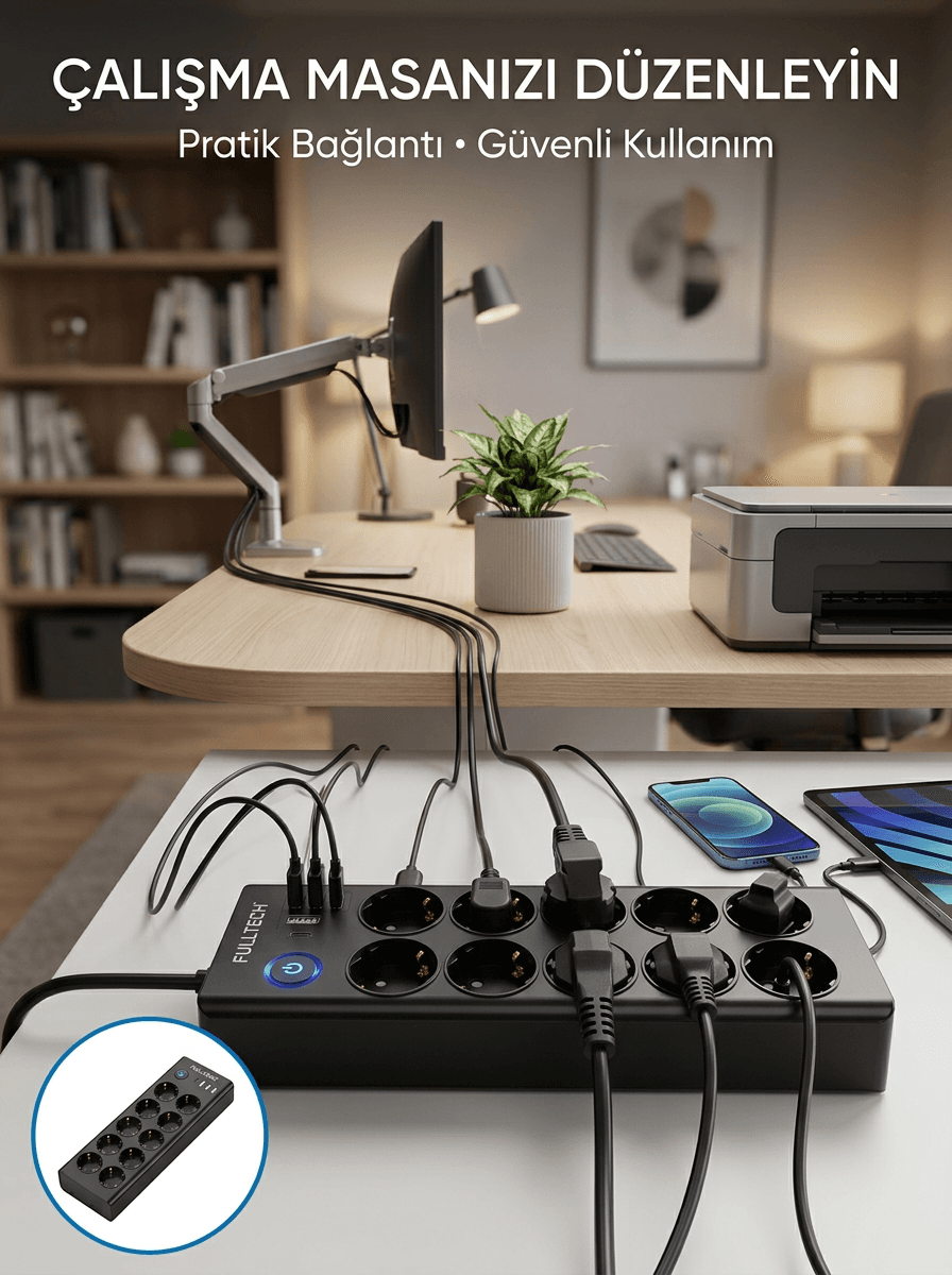 Akım Korumalı 10'lu Çoklu Priz USB-A ve Type-C Şarj Çıkışlı