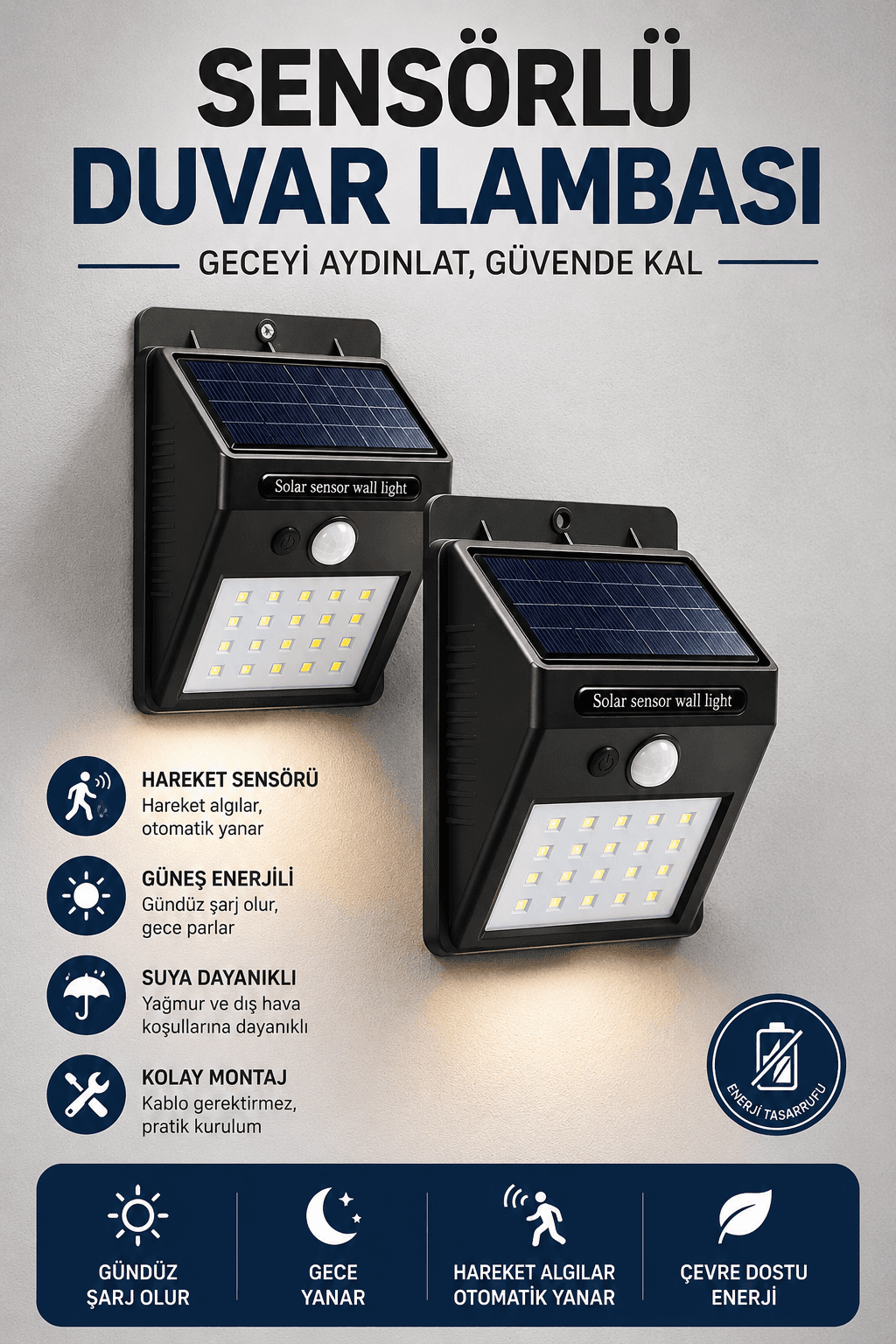 Solar Sensörlü Duvar Lambası Bahçe Lamba 20 Led Işık