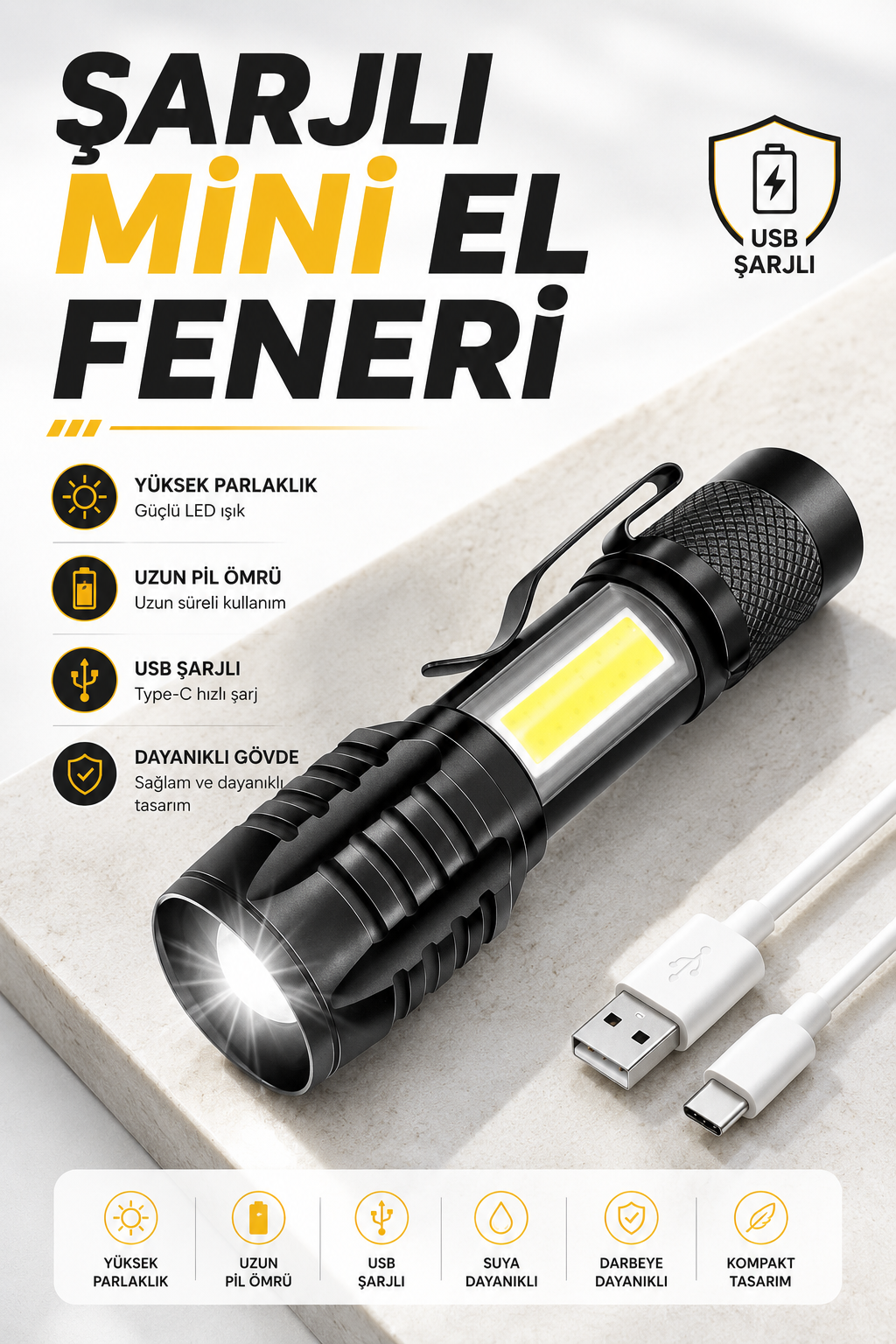 El Feneri Led USB Şarjlı Zoom Mini Led Işık Acil Durum Feneri