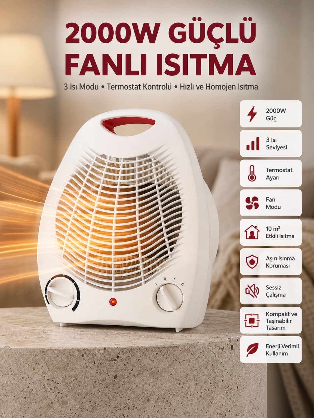 2000W Taşınabilir Elektrikli Fanlı Isıtıcı – Hızlı Isınma, Kompakt Boy