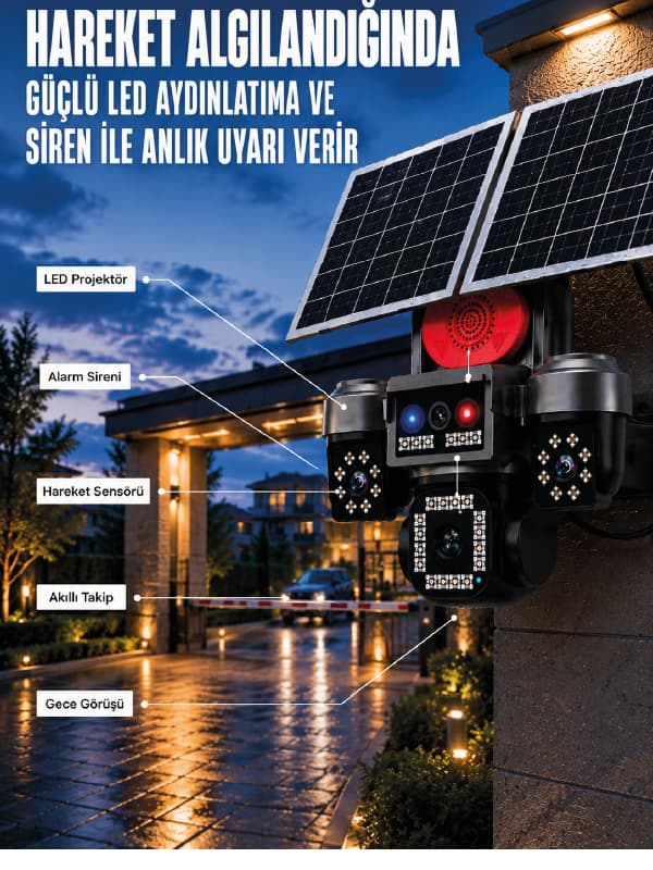 4 Kameralı 4G SIM Kart Destekli Güneş Enerjili Akıllı Güvenlik Kamerası