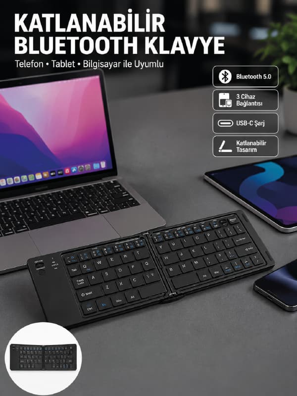 Katlanabilir Bluetooth Klavye 3 Cihaz Bağlantılı Kablosuz Taşınabilir Klavye