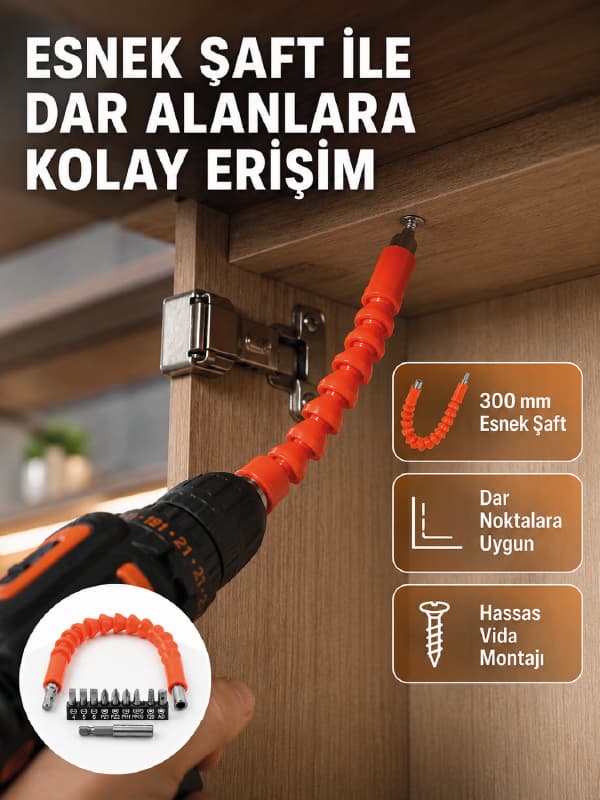 12 Parça Esnek Bits Uç Seti 300 mm Esnek Şaftlı Tornavida Uç Seti