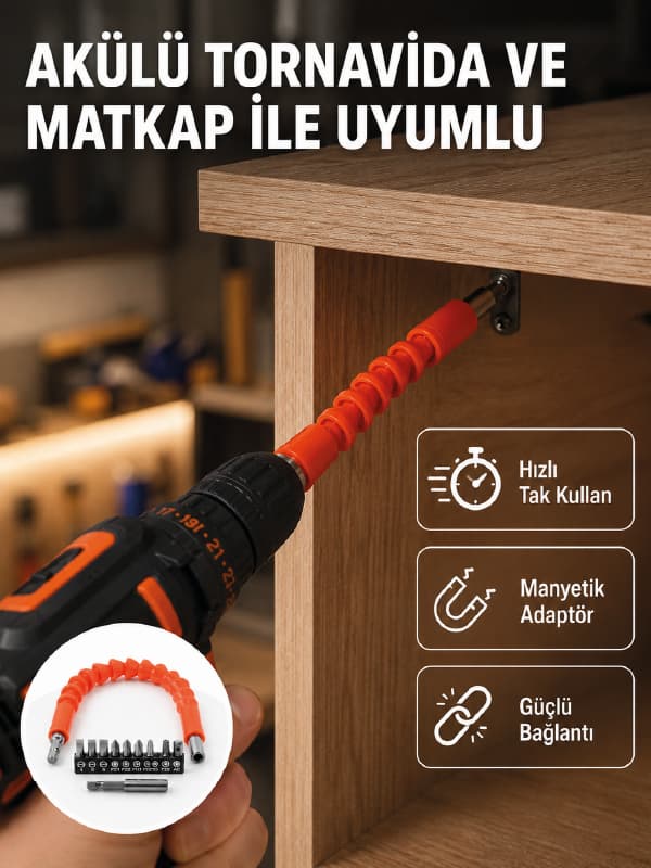 Esnek Bits Uç Seti 12 Parça Manyetik Adaptörlü Matkap Tornavida Aksesuarı
