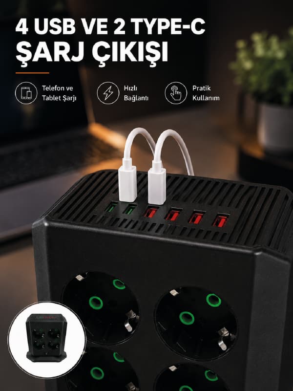 8'li Dikey Çoklu Priz 4 USB 2 Type-C Akım Korumalı Anahtarlı Priz