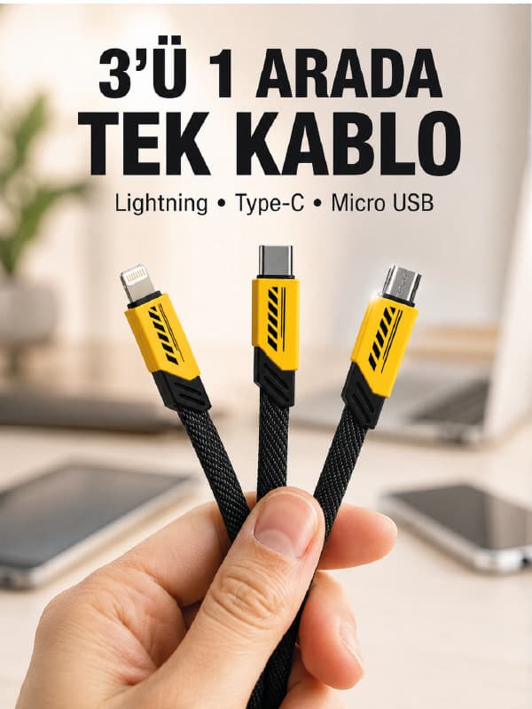3'lü Şarj Kablosu Hızlı Şarj Destekli Dayanıklı Örgü USB Kablo