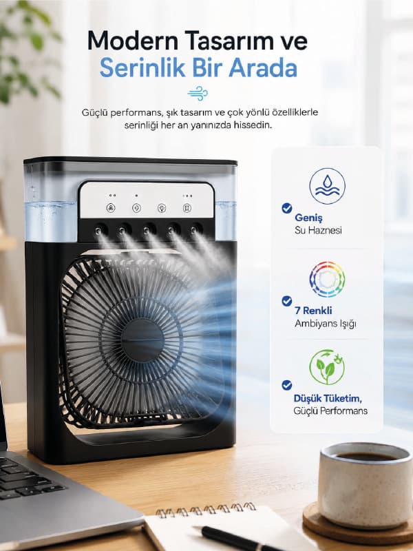 Masaüstü Püskürtmeli Serinletici Fan 5 Sisleme, 3 Fan Hızı, 7 Renk Ambiyans Işığı