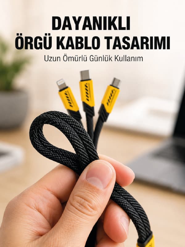 USB 3'ü 1 Arada Şarj Kablosu 240W PD Destekli Çoklu Şarj Kablosu
