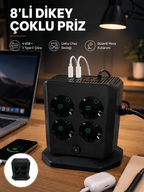8'li Dikey Çoklu Priz 4 USB 2 Type-C Girişli Akım Korumalı Uzatma Prizi