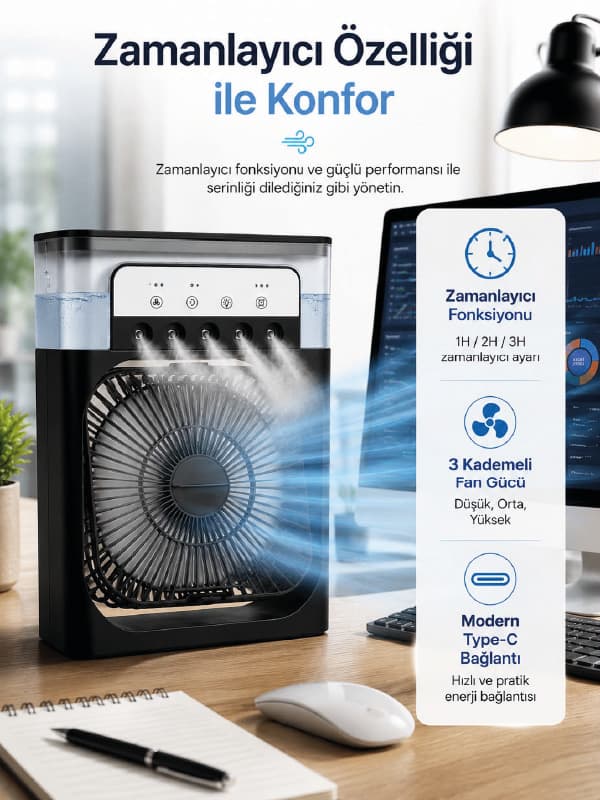 Su Hazneli Püskürtmeli Fan 1-3-5 Püskürtme Seçeneği, Type-C Güç Girişi