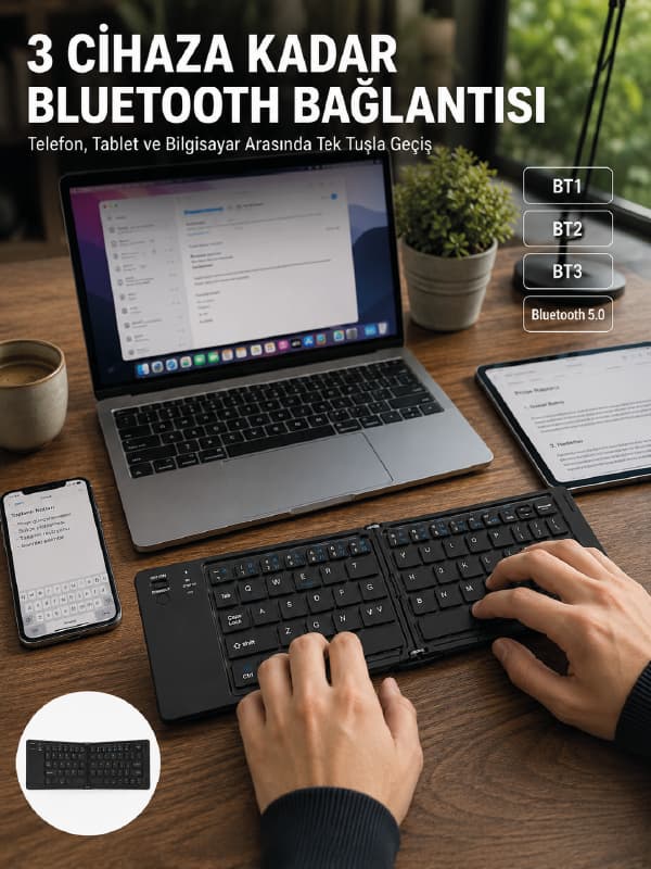 Katlanır Bluetooth Klavye Telefon Tablet Laptop Uyumlu Kablosuz Klavye