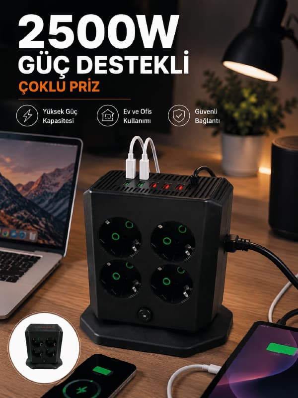 Çoklu Priz 8 Çıkışlı 4 USB 2 Type-C Anahtarlı Dikey Priz Kulesi