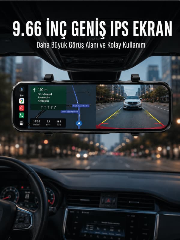 Araç İçi Ayna Carplay Dokunmatik Multimedya ve Kamera Kayıt Ekranı