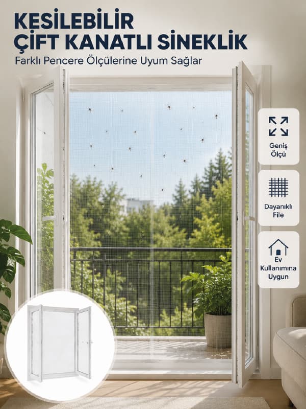 Kesilebilir Çift Kanatlı Pencere Sinekliği Dayanıklı File