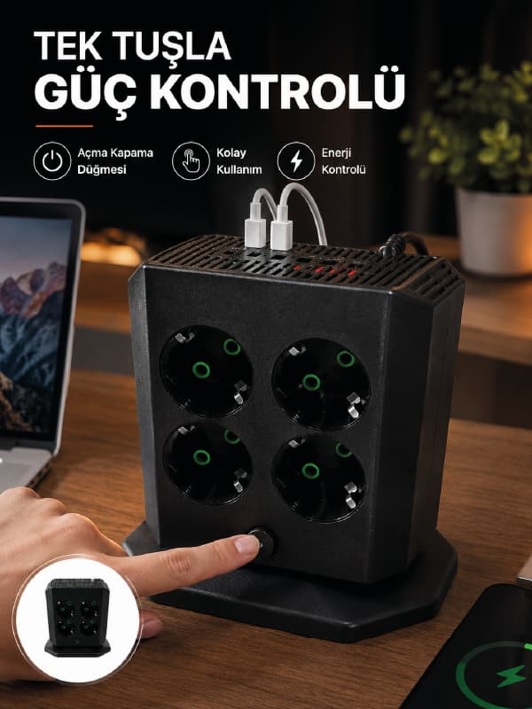 Akım Korumalı 8'li Dikey Priz 4 USB 2 Type-C Hızlı Şarj Destekli Çoklu Priz