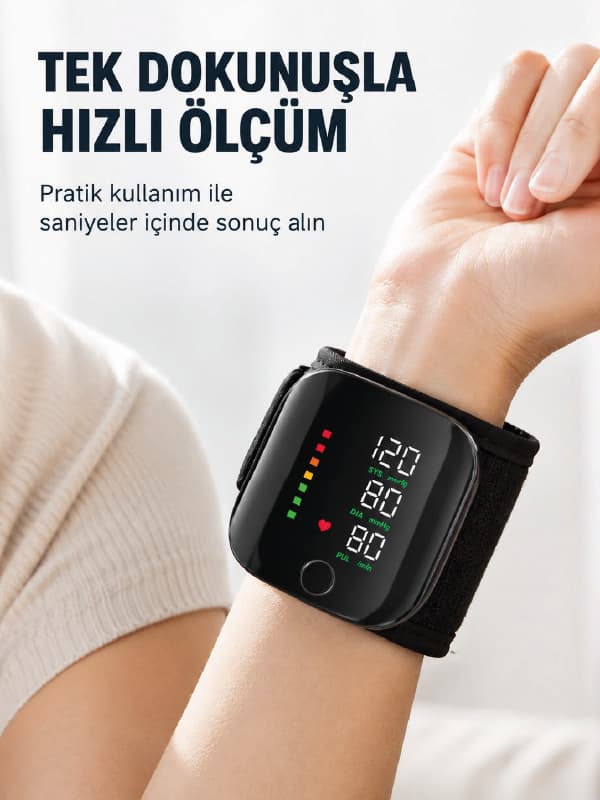 Bilekten Dijital Tansiyon Ölçer Geniş Ekran ve Kolay Okunabilir Gösterge