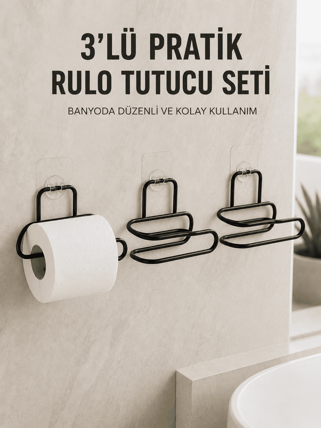3’lü Yapışkanlı Tuvalet Kağıdı Tutucu Seti Siyah Duvar Tipi Rulo Kağıtlık