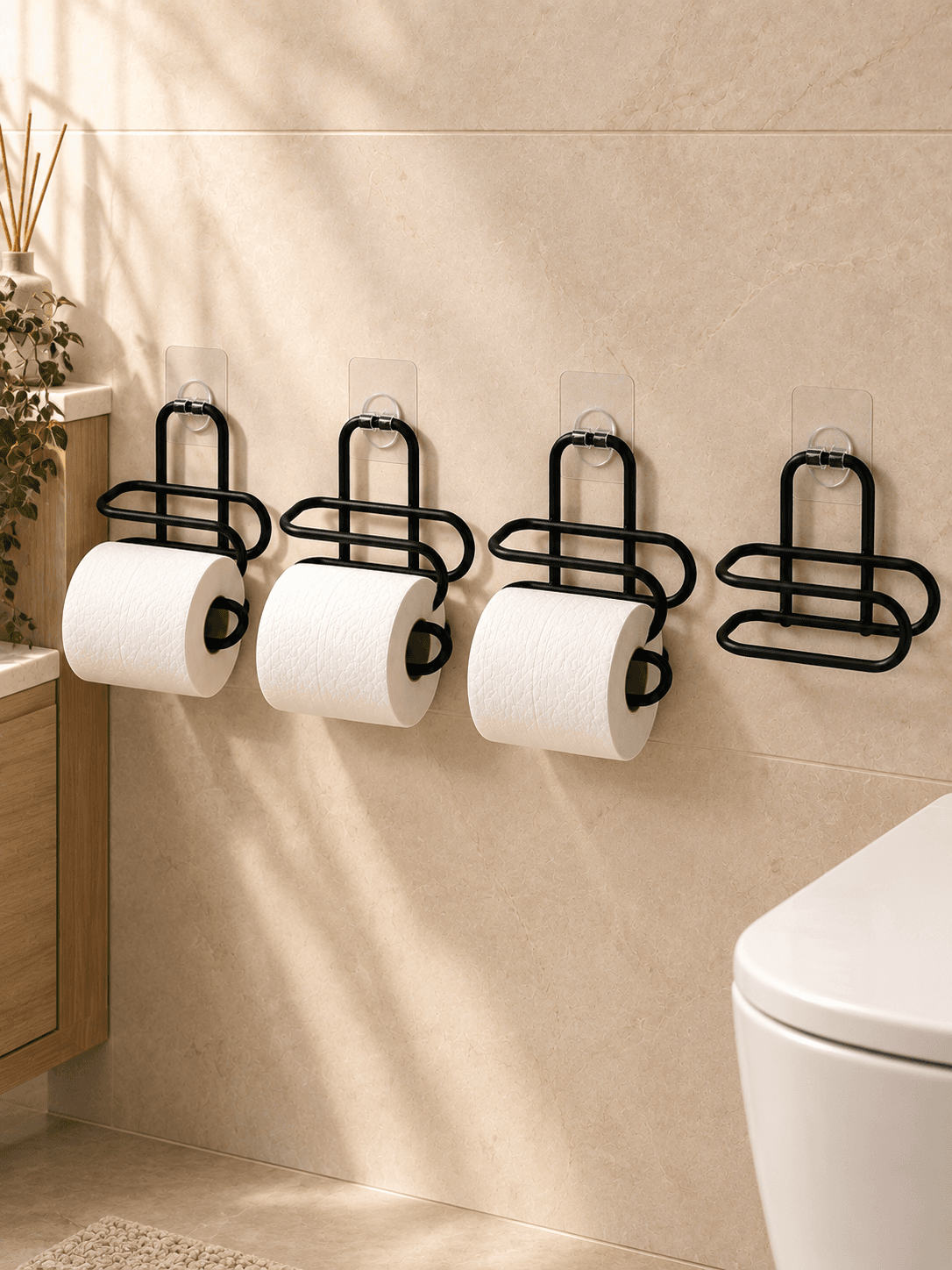 Siyah Metal WC Kağıtlık Yapışkanlı Duvar Tipi Tuvalet Kağıdı Tutucu Seti 4 Adet