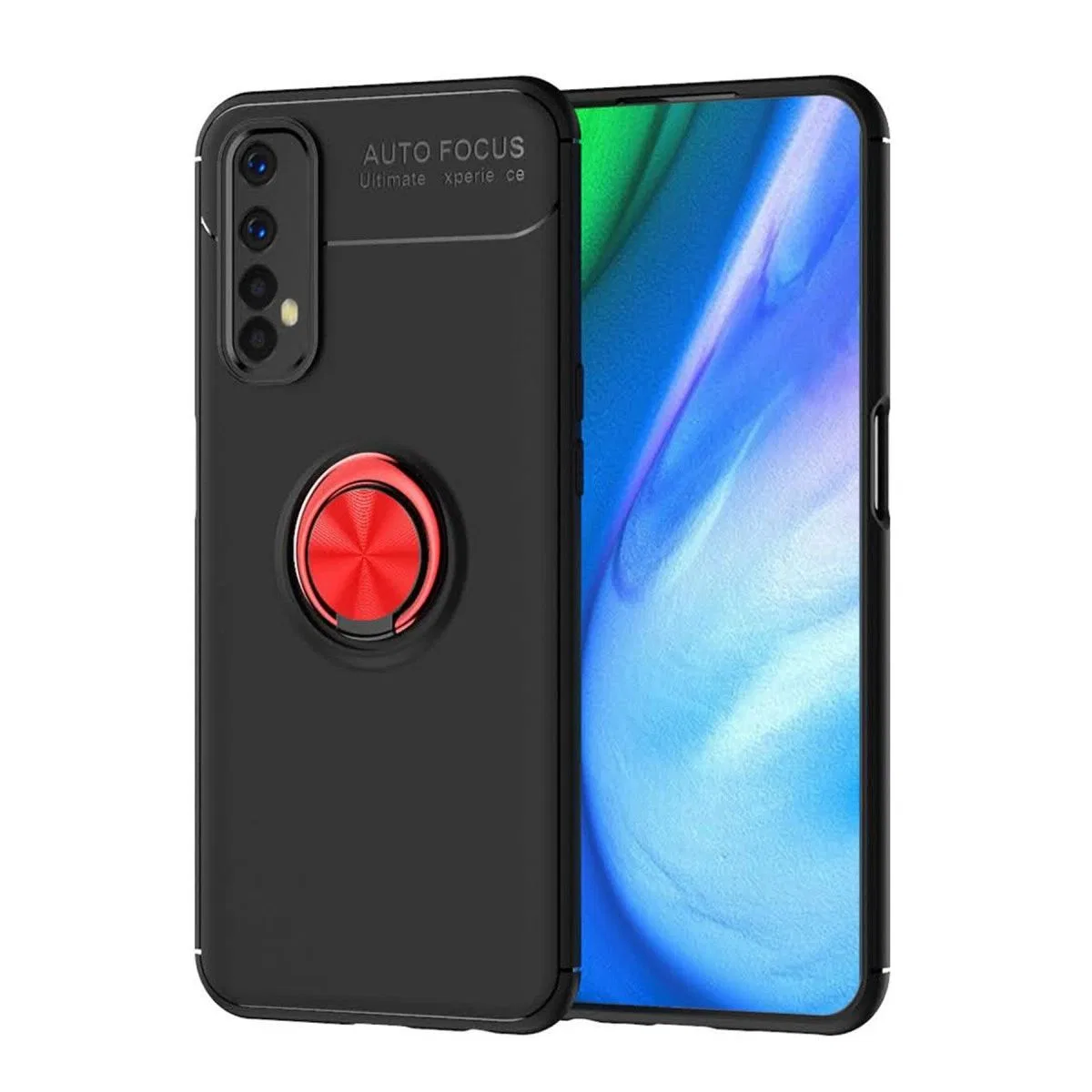 Realme 7 Kılıf Range Yüzüklü Silikon - Siyah-kırmızı