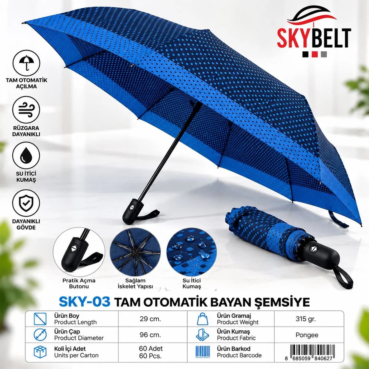 Tam Otomatik Bayan Şemsiye 8 Telli Renkli Desenli