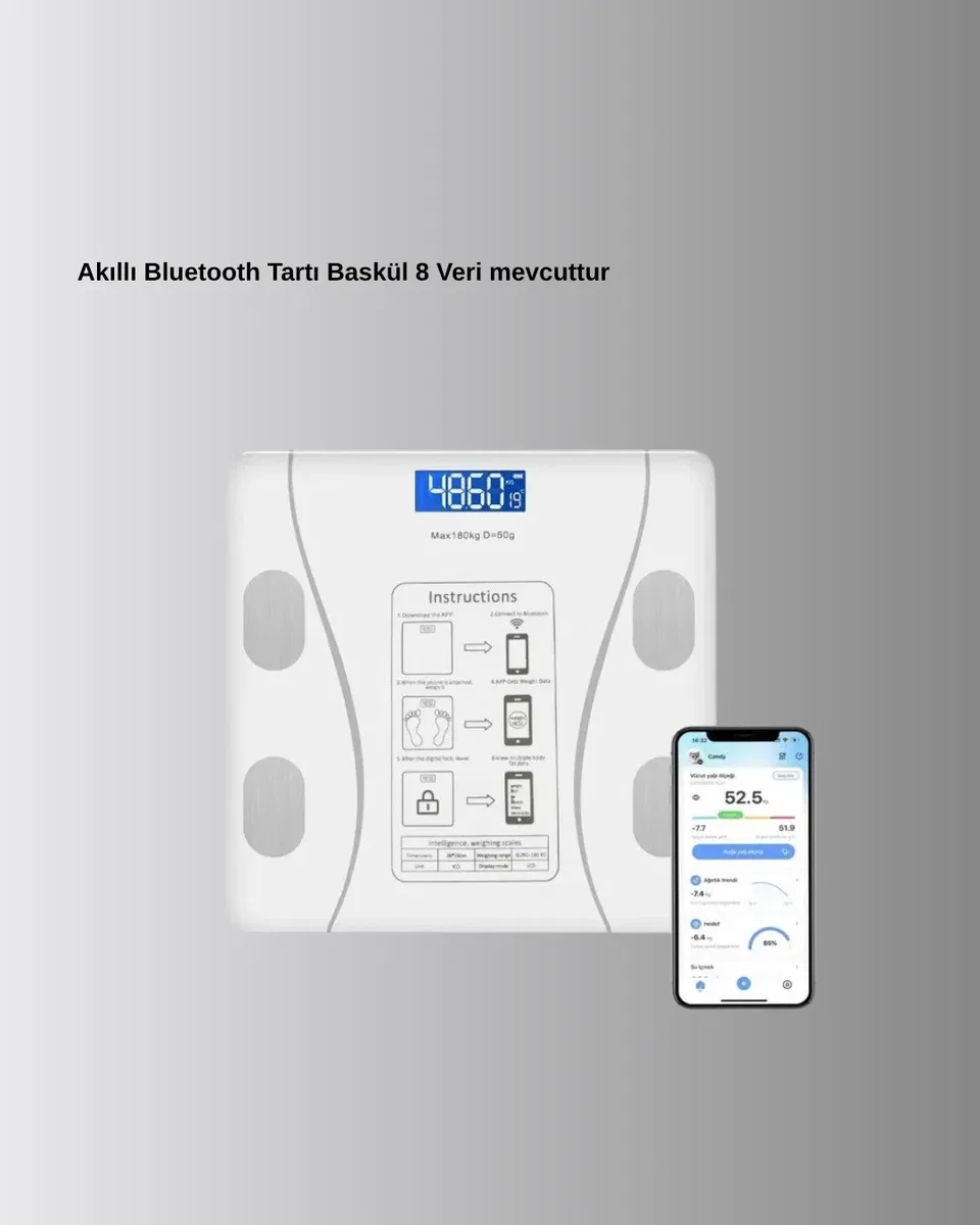 Akıllı Dijital Baskül – Bluetooth Bağlantılı, 8 Ölçüm Verili, Akıllı Vücut iz Tartısı