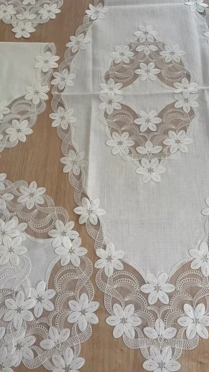 Salon Takımı Çeyizlik Krem Runner Set 5 Parça Keten Masa Örtüsü Runneri Lüx Evita