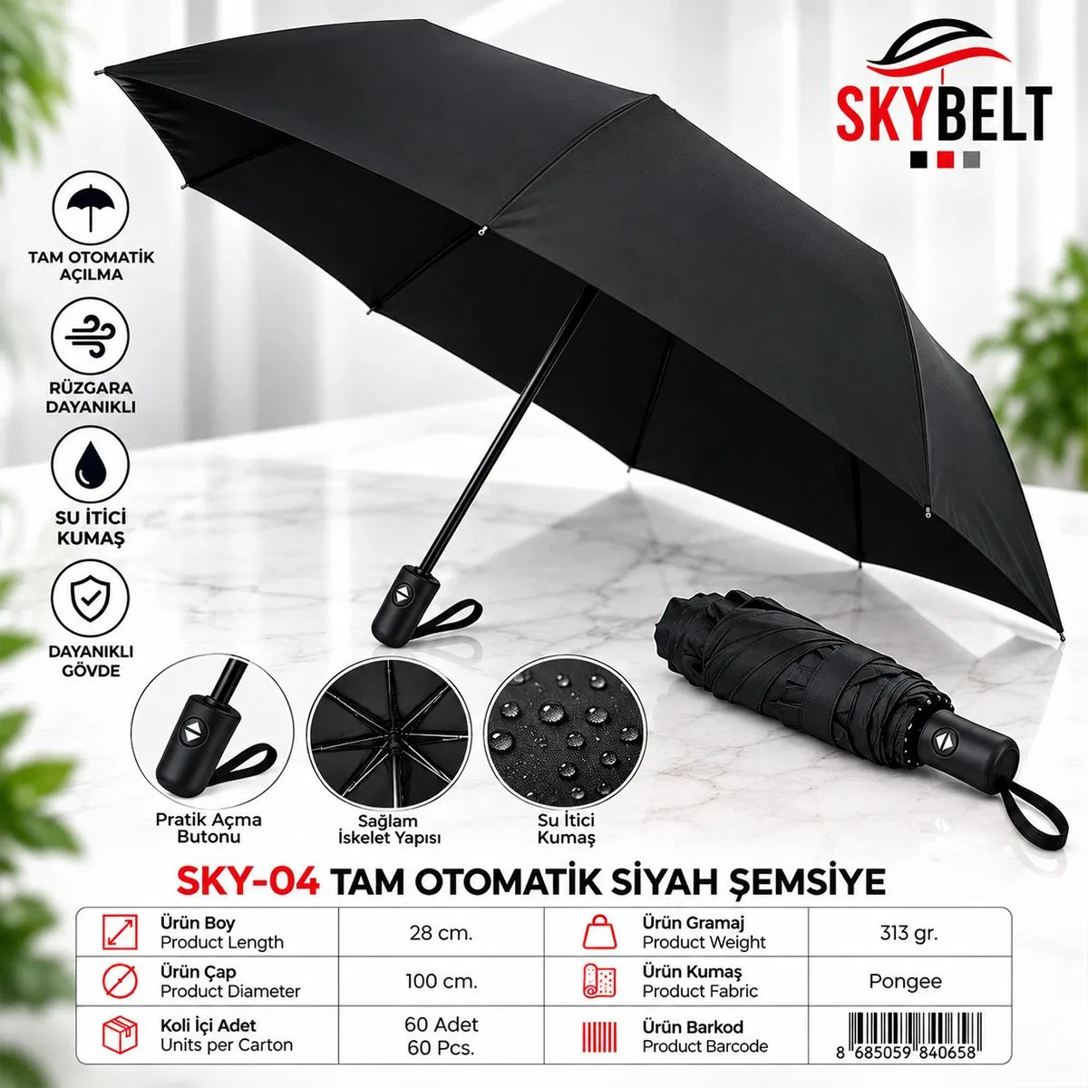 Erkek Tam Otomatik Siyah Şemsiye