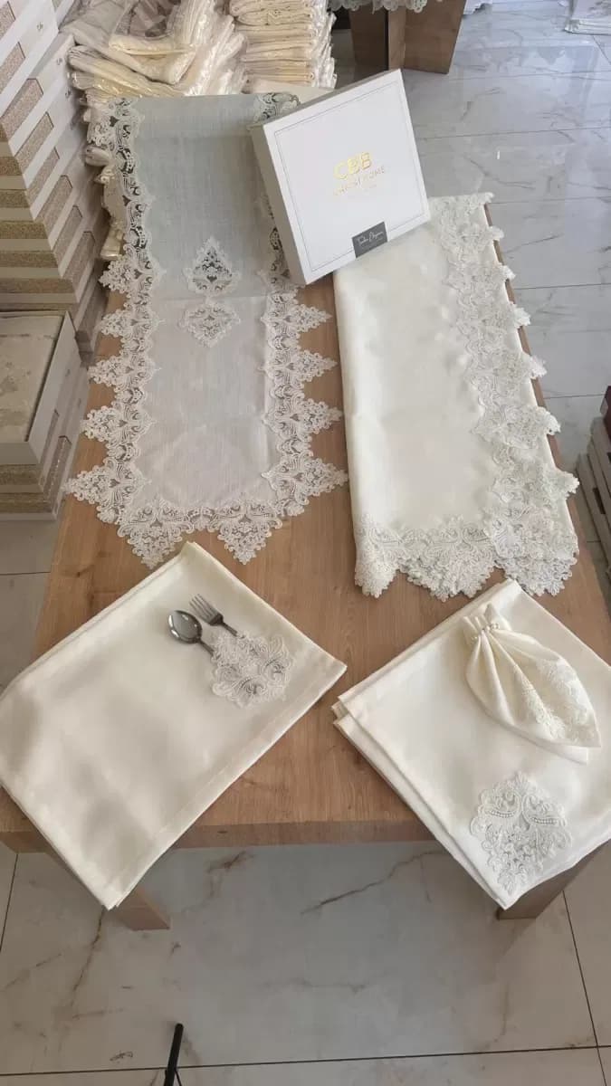 Sofra Takımı Mimoza Gardenya Keten Yemek Takımı 160x220 Masa Seti 26 Parça Runner Set Krem