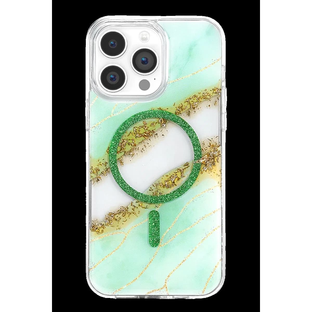 Onegif Apple İphone 14 Pro Max Lotus Simli Magsafe Kapak - Yeşil