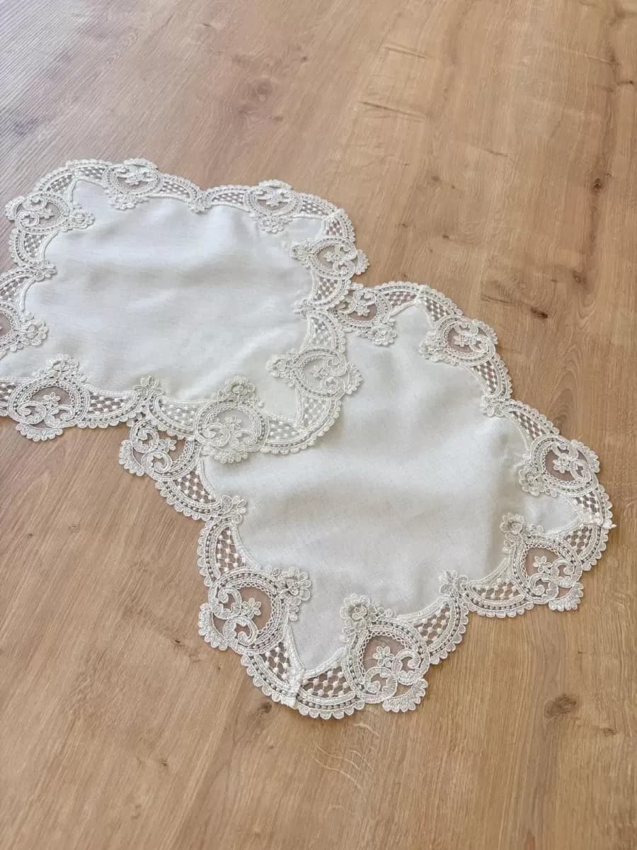 Salon Takımı Çeyizlik Krem Runner Seti 5 Parça Keten Ranır Masa Konsol Sehpa Örtüsü Taç MAhal