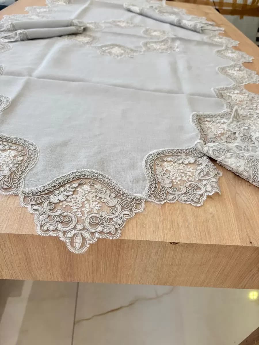 Salon Takımı Çeyizlik Gri Runner Seti 5 Parça Keten Ranır Masa Konsol Sehpa Örtüsü Selinda
