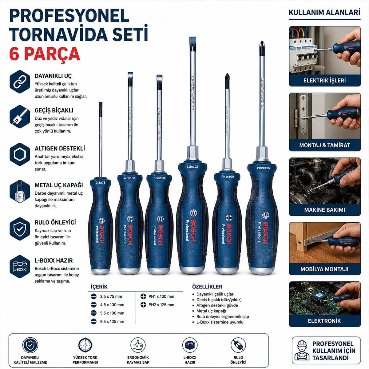 6 Parça Profesyonel Tornavida Seti (PH2 / PH1 / 3. 5 / 4. 5 / 5. 5 / 6. 5)
