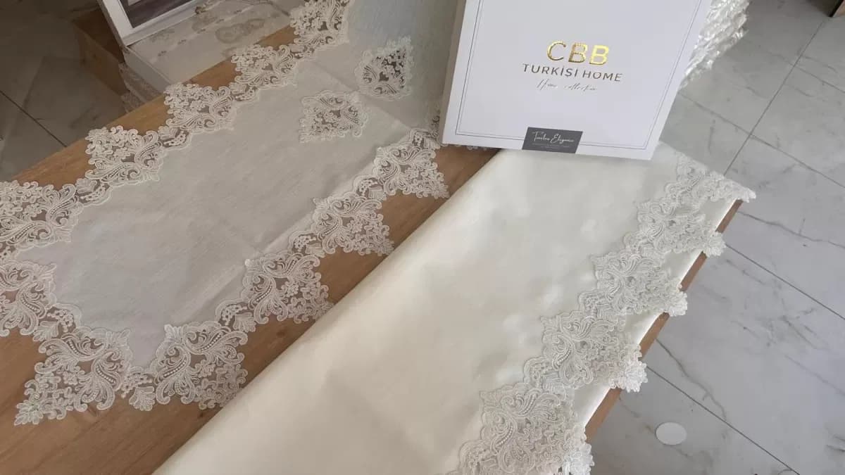 Sofra Takımı Mimoza Gardenya Keten Yemek Takımı 160x220 Masa Seti 26 Parça Runner Set Krem