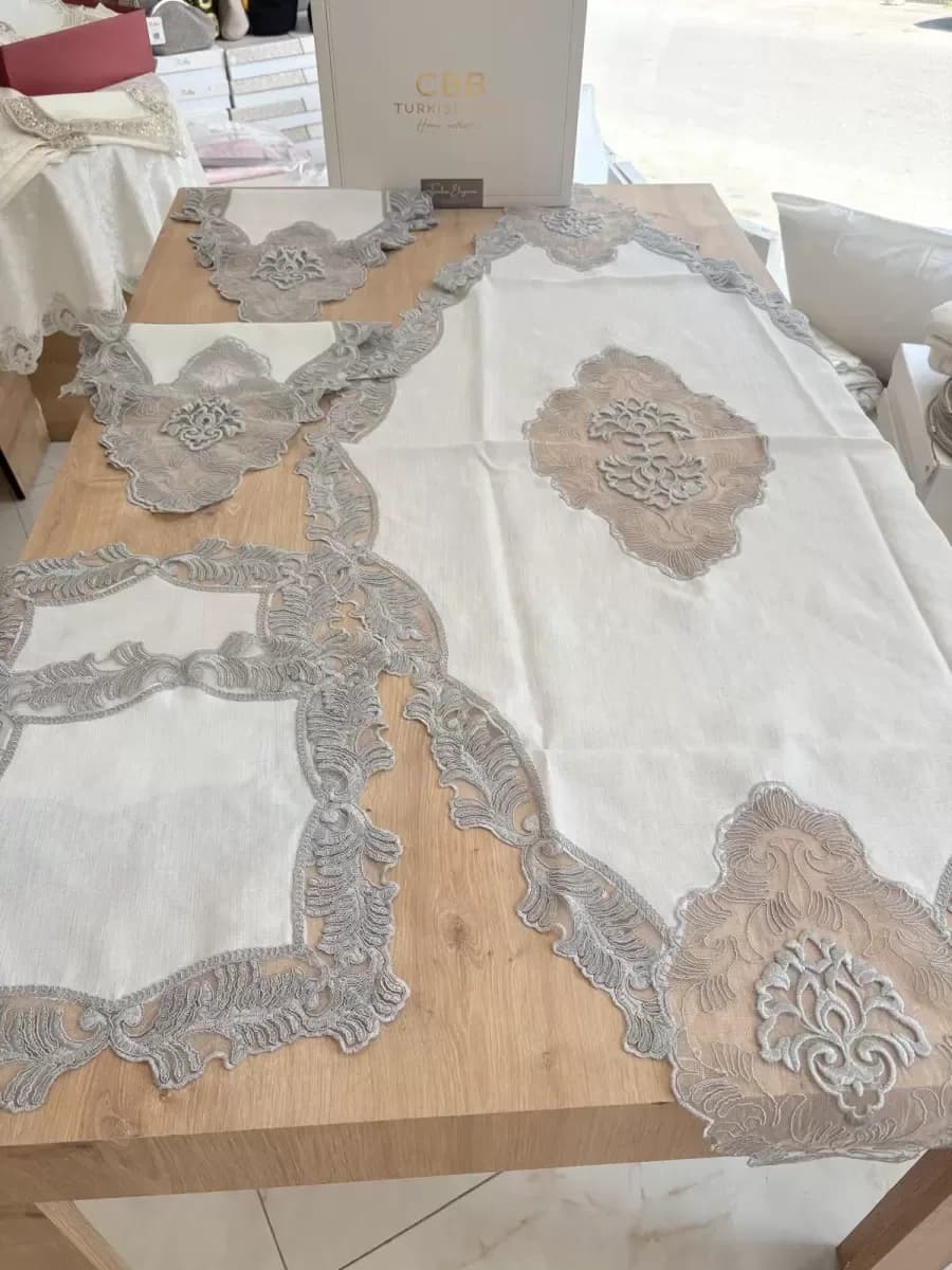 Salon Takımı Çeyizlik Krem Gri Runner Set 5 Parça Keten Masa Örtüsü Runneri Evalina