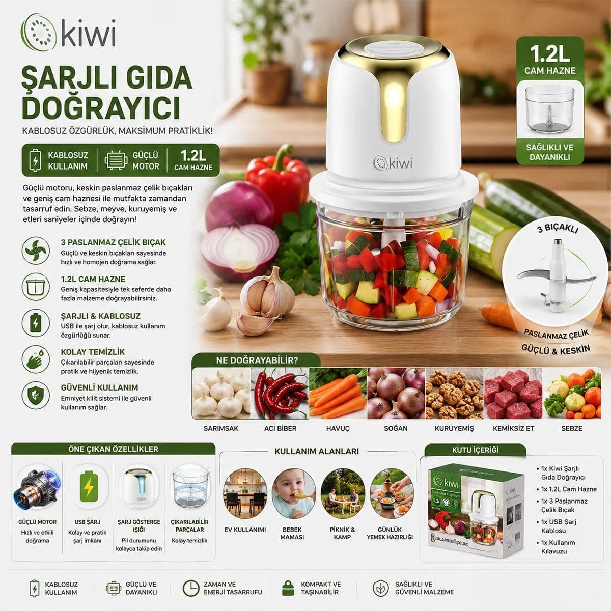 USB Type-C Şarjlı Mini Blender 3 Bıçak 1. 2L