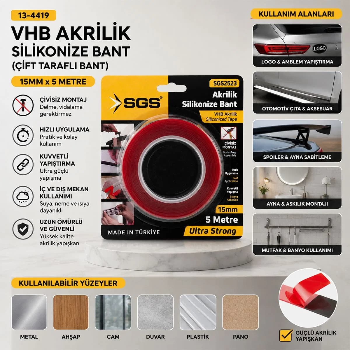 Akrilik Silikonize Çift Taraflı Bant 15 mm x 5 yd