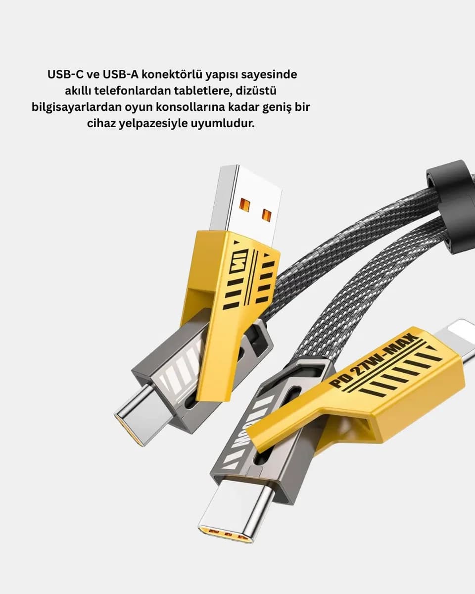 65W Çoklu Şarj Kablosu 4’ü 1 Arada Örgülü Hızlı Veri Aktarım USB-C USB-A