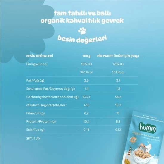 Humm Organik Tam Tahıllı ve Ballı Kahvaltılık Gevrek 80 Gr