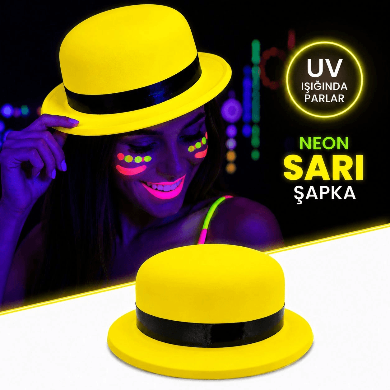 Neon Sarı UV Parti Şapkası Plastik