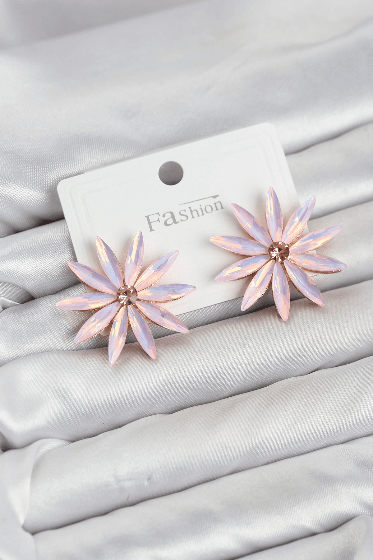 Pembe Kristal Taşlı Lotus Model Kadın Küpe