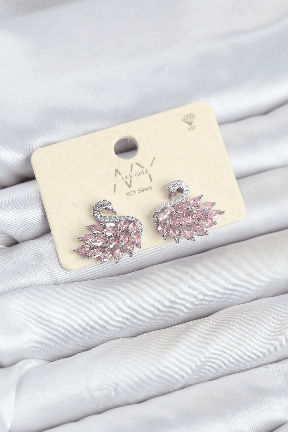 Pembe Zirkon Taşlı Gümüş Swan Kuğu Model Kadın Küpe