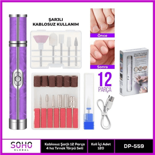 ŞARJLI 12 BAŞLIKLI MANİKÜR SETİ