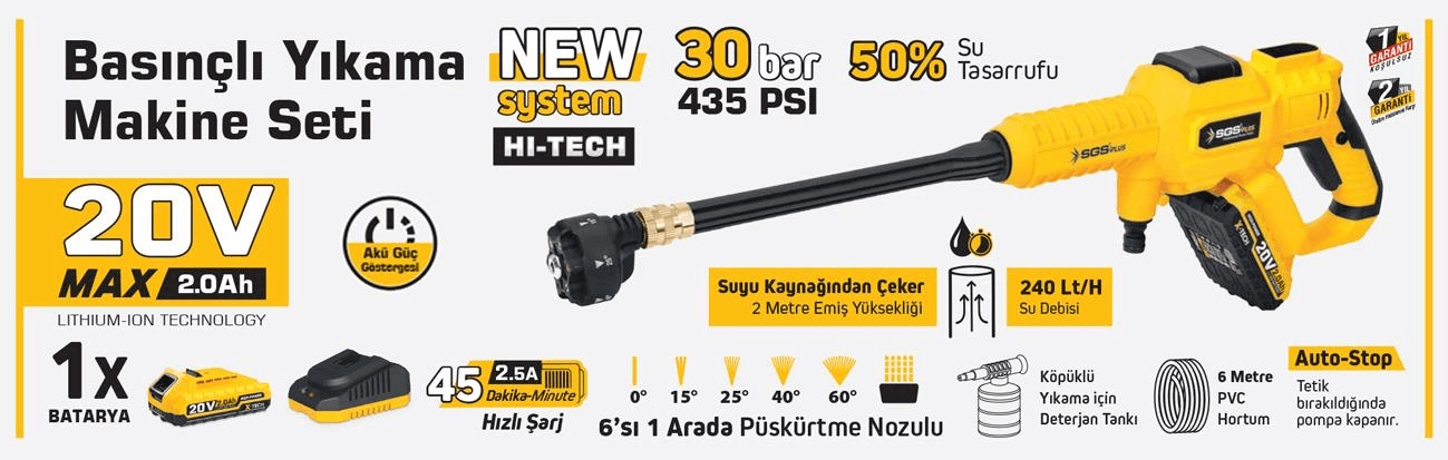 Sgs 5410 Akülü Basınçlı Oto Araba Bahçe Yıkama Tabancası Seti 30 Bar