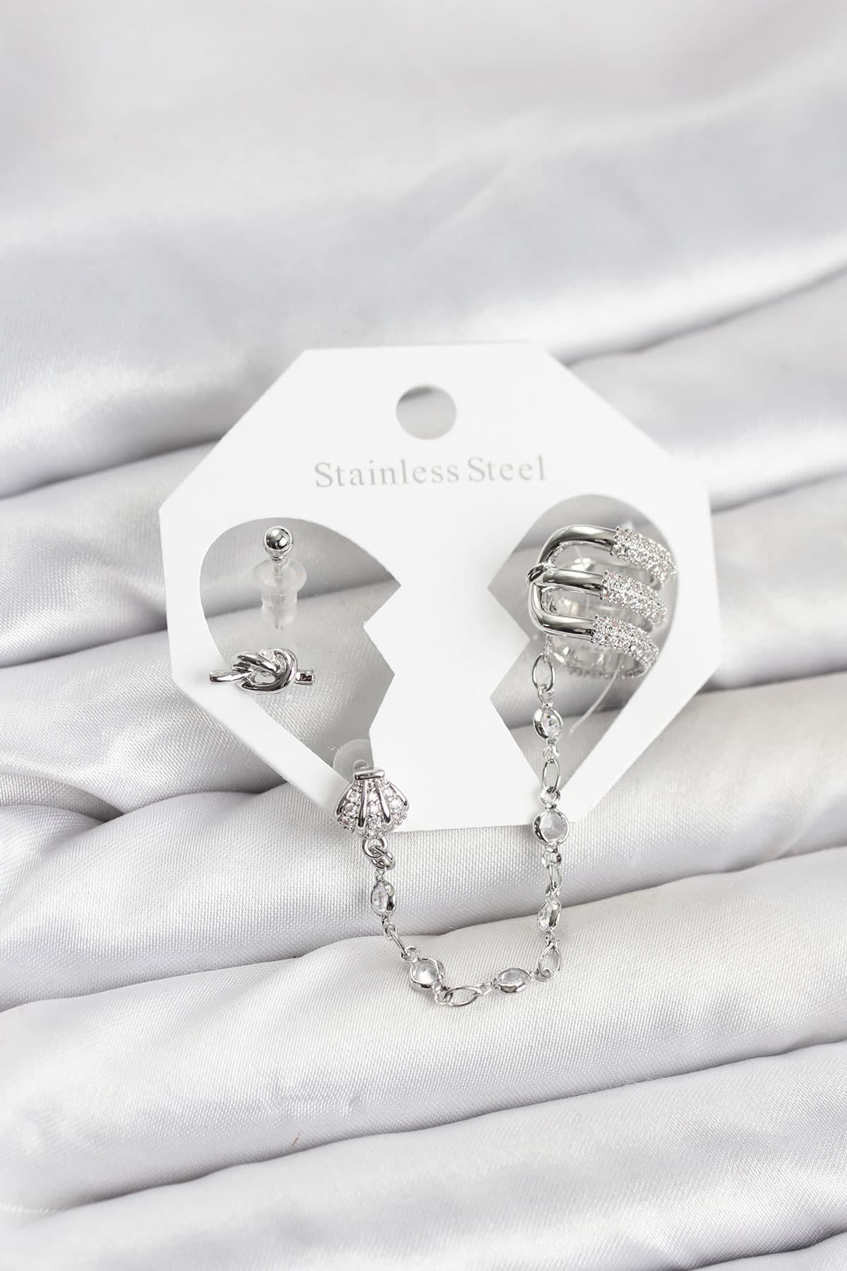 Pirinç Gümüş Renk Sarmal Model Zincir Bağlantılı Ear Cuff Küpe Seti