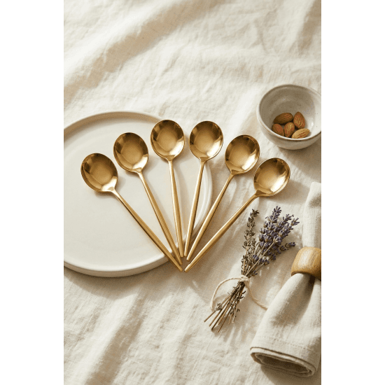6'lı Lüks Gold Paslanmaz Çelik Tatlı Kaşığı Seti (16 cm)