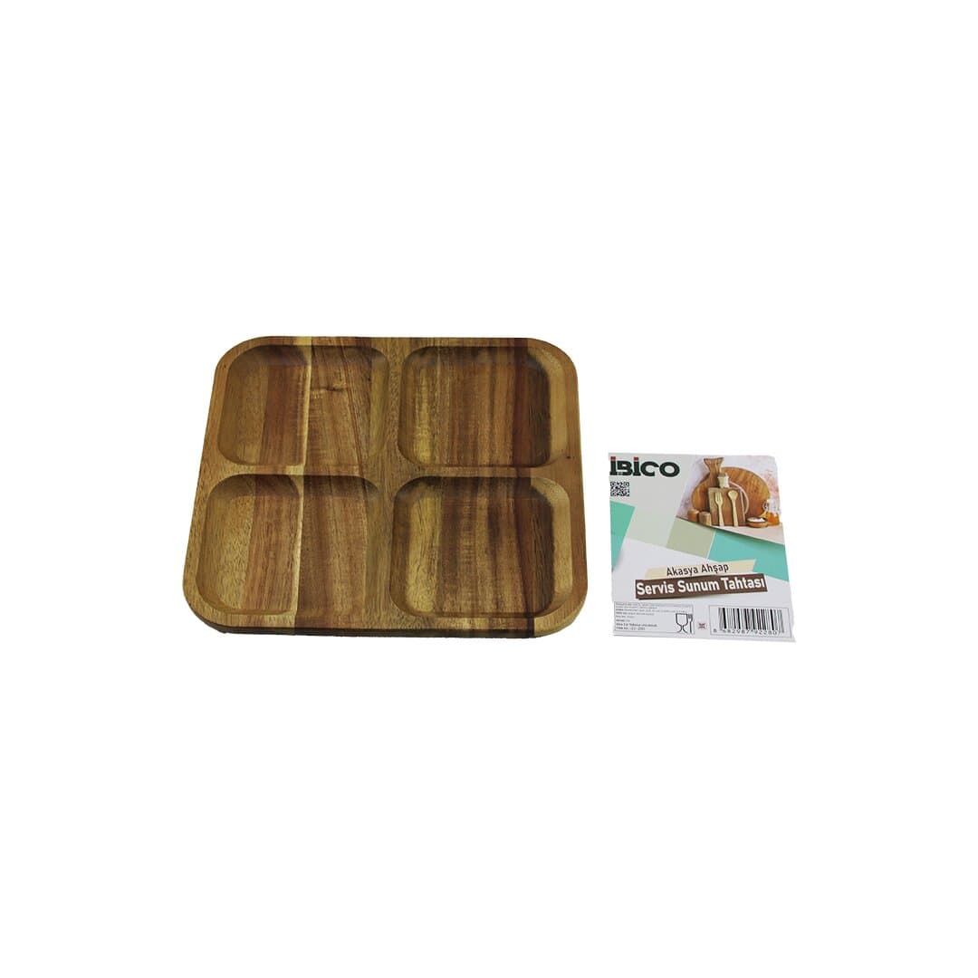 AKASYA KARE 4 BÖLMELİ AHŞAP SERVİS SUNUM TEPSİ - TAHTASI 20 X 1.4CM