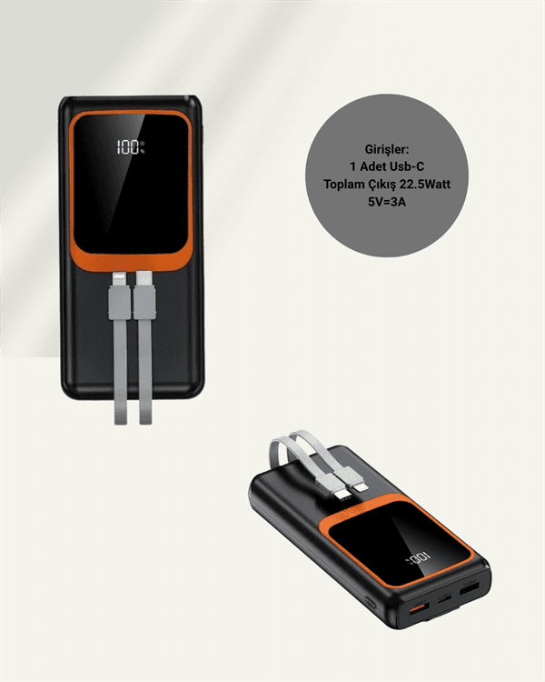 20.000 mAh Powerbank – 22.5W Hızlı Şarj, Çok Kablolu, Dijital Göstergeli