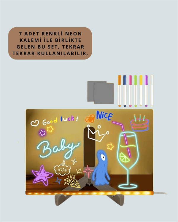 Dekoratif LED Yazı Tahtası – Silinebilir, Neon Kalemli, Planlama ve Hatırlatma İçin İdeal