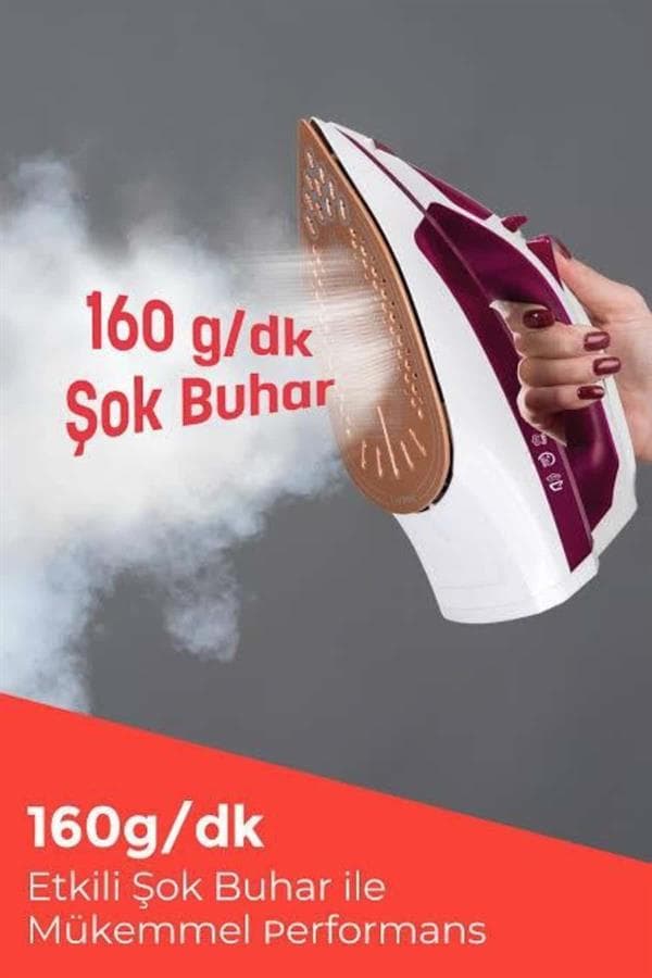 Seramik Tabanlı Kırmızı 2200 Watt Şok Buharlı Ütü Yeni Nesil