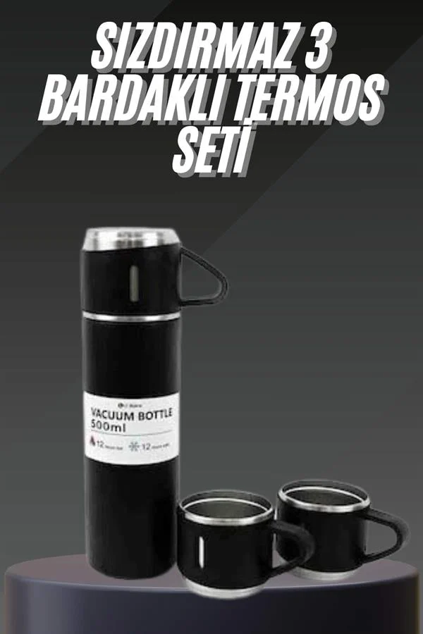 Termos Seti Paslanmaz Çelik 3 Bardaklı Vakumlu Termos Set 500 Ml 12 Saate Kadar Isı Koruma